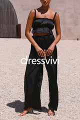 Ruffle Cami Top Drawstring Waist Wide Leg Pants Satin Set