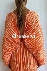 V Neck Bubble Sleeves Side Split Pleated Maxi Dress