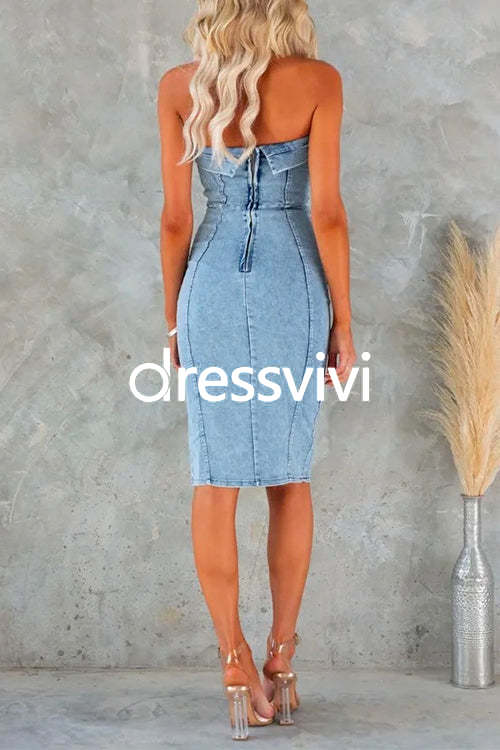 Strapless Waisted Slit Knee Length Bodycon Denim Dress