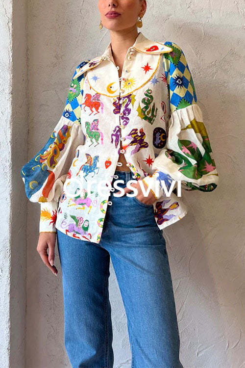 Balloon Long Sleeve Graffiti Printed Blouse Shirt