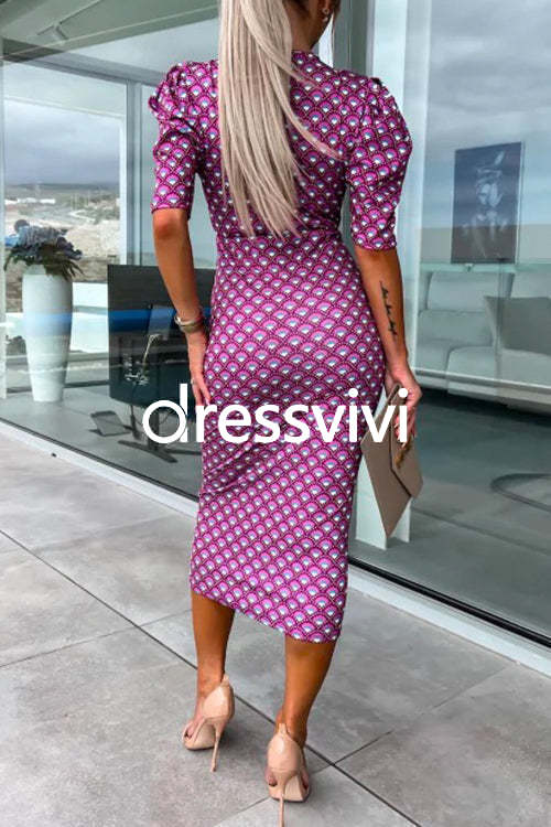 Wrap V Neck Puff Sleeves Printed Midi Bodycon Dress