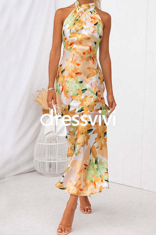 Tie Neck Backless Floral Printed Maxi Flowy Dress