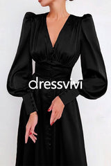 V Neck Puff Sleeve Waisted Ruffle Satin Dress