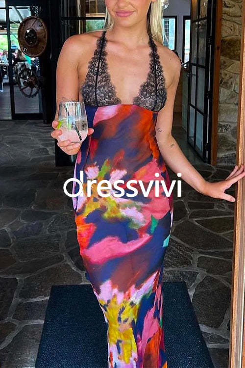 Backless V Neck Lace Splice Printed Maxi Bodycon Dress