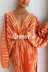 V Neck Bubble Sleeves Side Split Pleated Maxi Dress