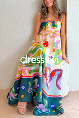 High Waist Cartoon Printed Swing Maxi Cami Dress