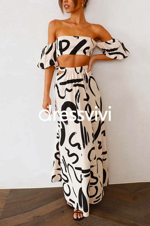 Printed Off Shoulder Puff Sleeve Crop Top Cut Out Waist Maxi Skirt Set