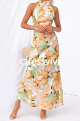 Tie Neck Backless Floral Printed Maxi Flowy Dress