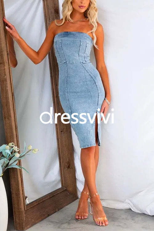 Strapless Waisted Slit Knee Length Bodycon Denim Dress