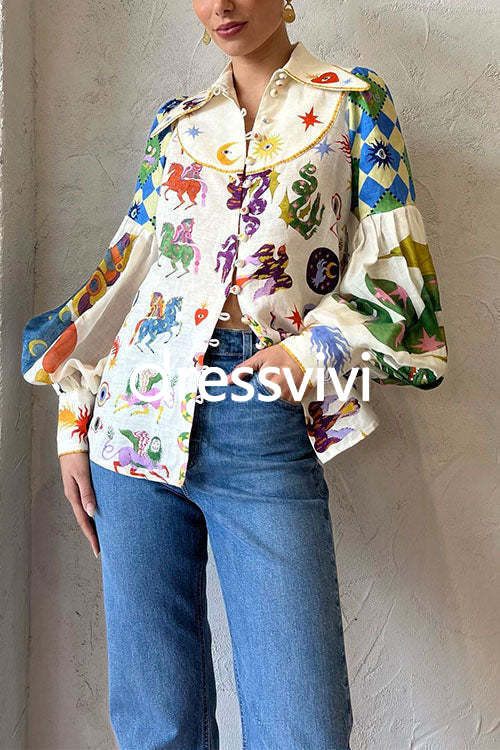 Balloon Long Sleeve Graffiti Printed Blouse Shirt