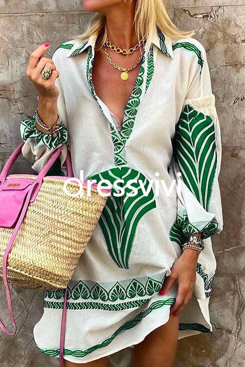 Lapel V Neck Long Sleeve Printed Shirt Dress