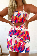 Sleeveless Cut Out Printed Mini Cami Dress