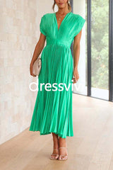 Deep V Neck Waisted Maxi Pleated Swing Dress