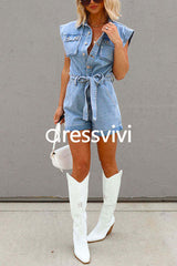 Button Up Short Sleeves Tie Waist Distressed Denim Romper