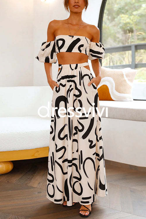 Printed Off Shoulder Puff Sleeve Crop Top Cut Out Waist Maxi Skirt Set