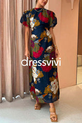 Puff Sleeve Cut Out Waist Floral Maxi Swing Dress