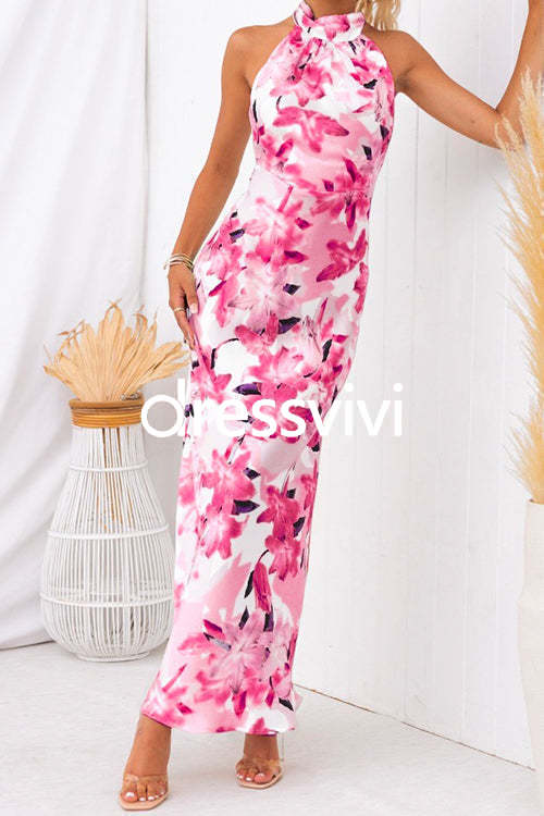 Tie Neck Backless Floral Printed Maxi Flowy Dress