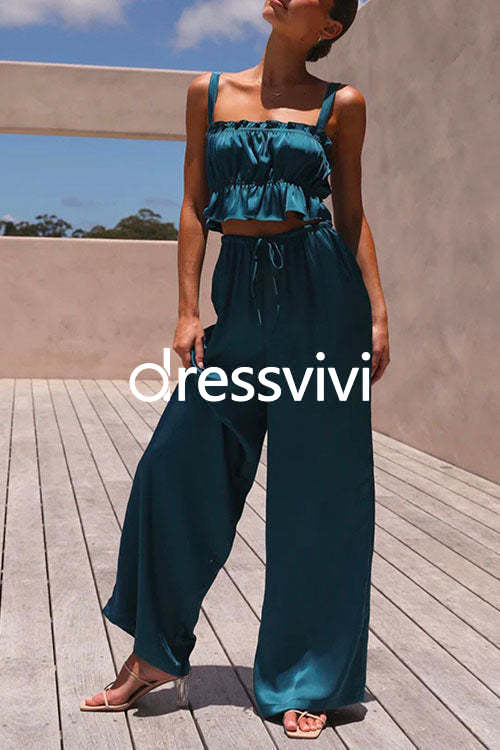 Ruffle Cami Top Drawstring Waist Wide Leg Pants Satin Set