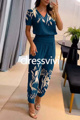 V Neck Short Sleeve Tunic Top High Waist Harem Joggers Printed Set