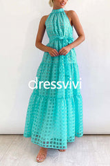 Mockneck Tie Waist Ruffle Tiered Plaid Mesh Maxi Swing Dress