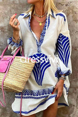 Lapel V Neck Long Sleeve Printed Shirt Dress