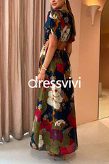 Puff Sleeve Cut Out Waist Floral Maxi Swing Dress