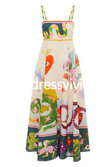 High Waist Cartoon Printed Swing Maxi Cami Dress