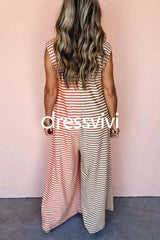 Color Block Striped Sleeveless Loose Jumpsuit