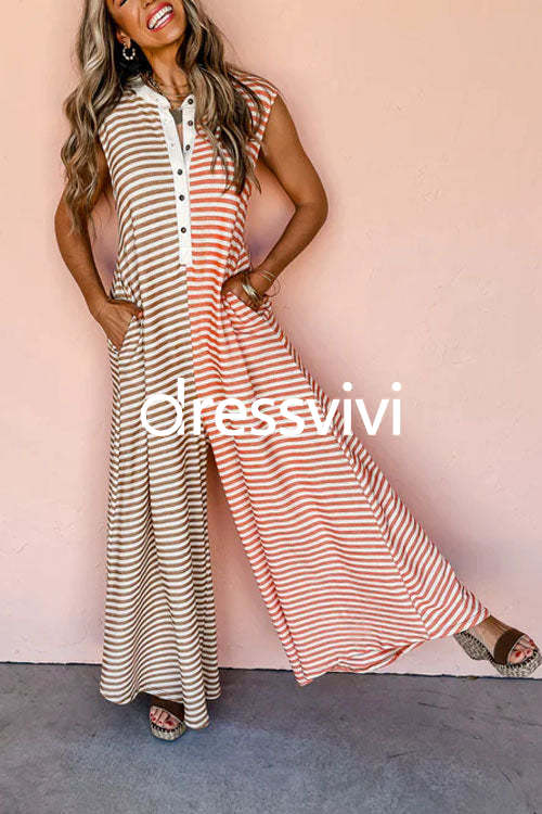 Color Block Striped Sleeveless Loose Jumpsuit