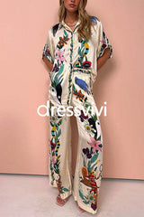 Unique Printed Rolled Up Short Sleeves Blouse Shirt Wide Leg Pants Silk Set