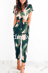 Crop Top Leaves Pattern Two-Piece Outfits