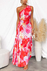 One Shoulder Sleeveless Print Asymmetric Maxi Pleated Dress