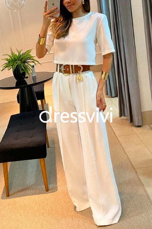 Crewneck Short Sleeve Crop Top Wide Leg Palazzo Pants Outfits Set