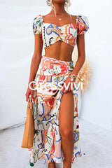 Abstract Print Short Sleeves Crop Top and Slit Ruffle Maxi Skirt Set