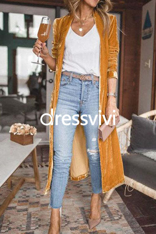 Stylish Lapel Open Front Long Sleeve Velvet Coat