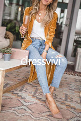 Stylish Lapel Open Front Long Sleeve Velvet Coat