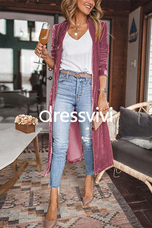 Stylish Lapel Open Front Long Sleeve Velvet Coat