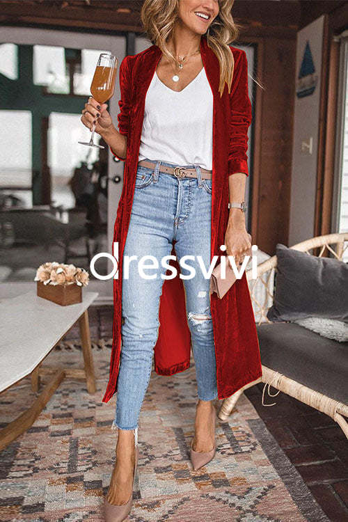 Stylish Lapel Open Front Long Sleeve Velvet Coat