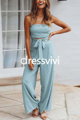 Off Shoulder Bow Tie Waist Wide Leg Jumpsuit