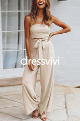 Off Shoulder Bow Tie Waist Wide Leg Jumpsuit