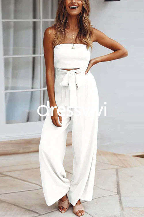 Off Shoulder Bow Tie Waist Wide Leg Jumpsuit