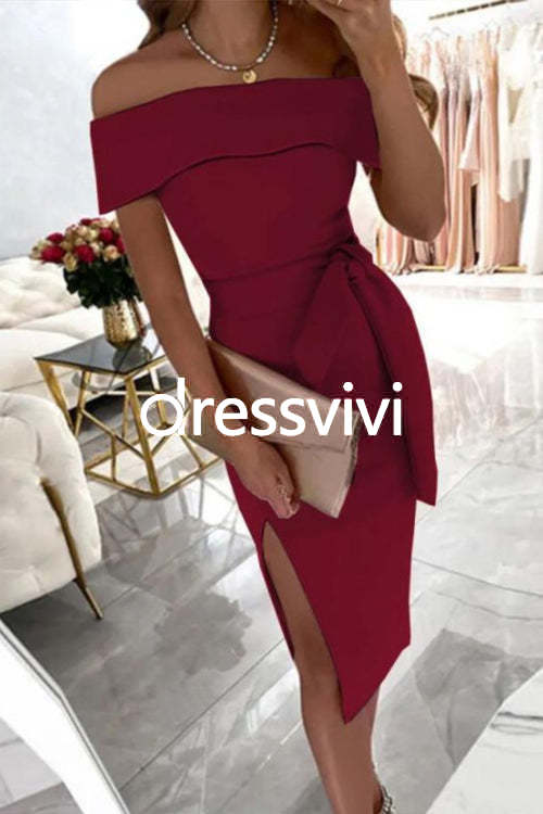 Off Shoulder Tie Waist Side Split Dress