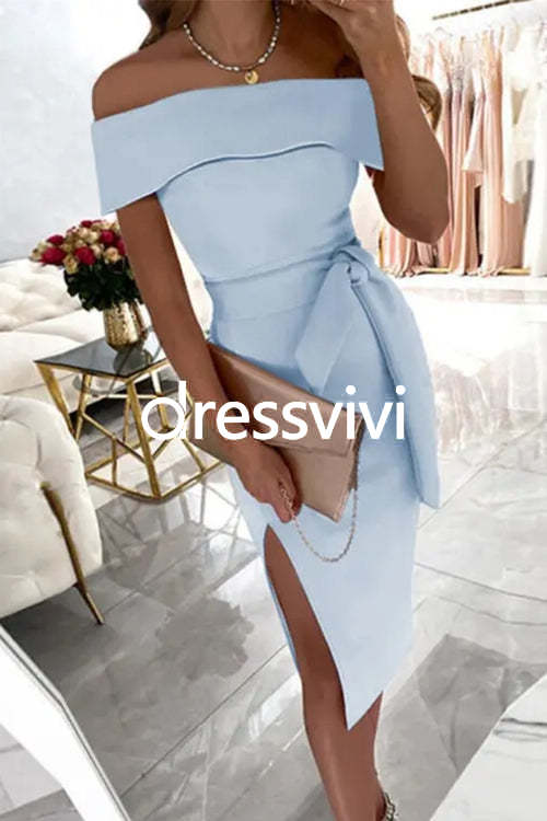 Off Shoulder Tie Waist Side Split Dress