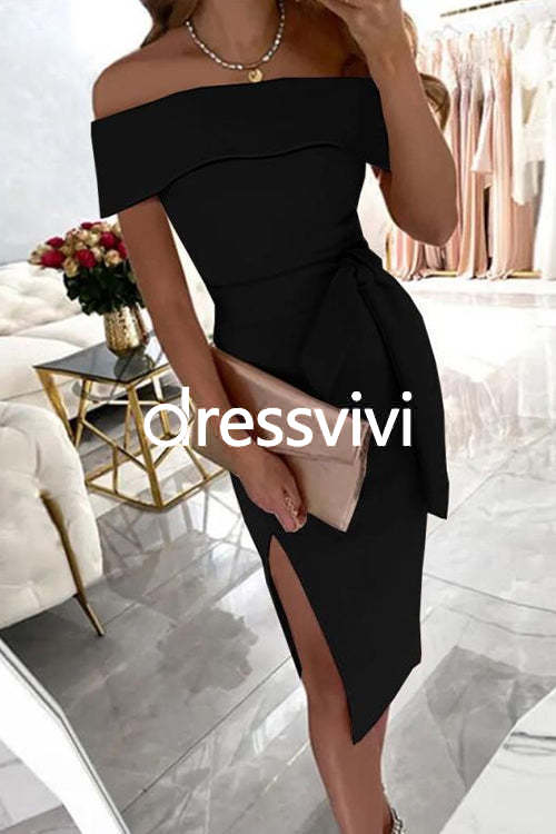 Off Shoulder Tie Waist Side Split Dress