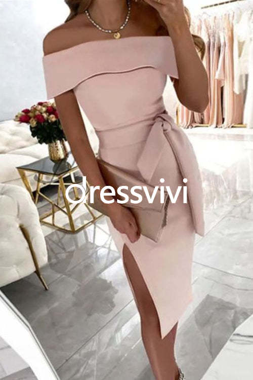 Off Shoulder Tie Waist Side Split Dress