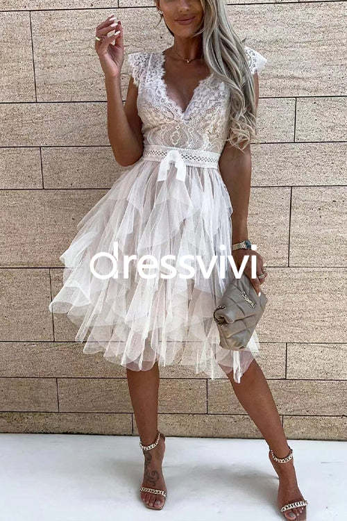 V Neck Sleeveless Lace Splice Solid Dress