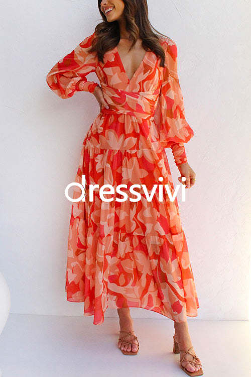 V Neck Lantern Sleeve High Waist Printed Swing Dress