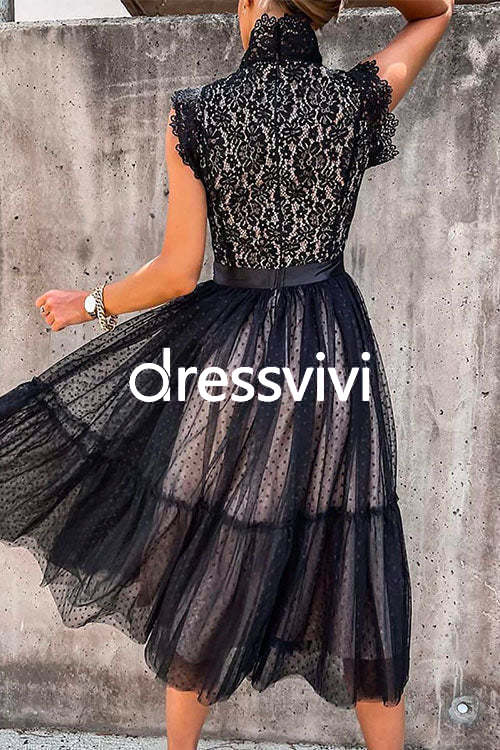 Fashion Style Mockneck Sleeveless Lace Swing Dress