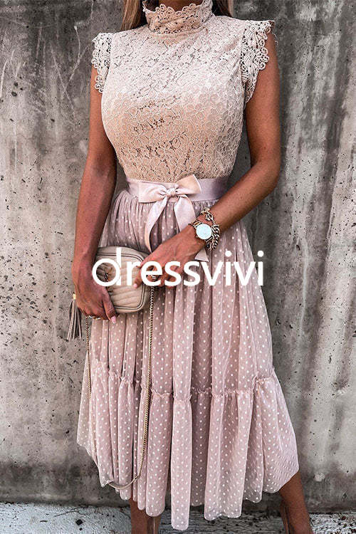 Fashion Style Mockneck Sleeveless Lace Swing Dress