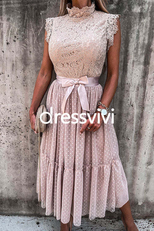 Fashion Style Mockneck Sleeveless Lace Swing Dress